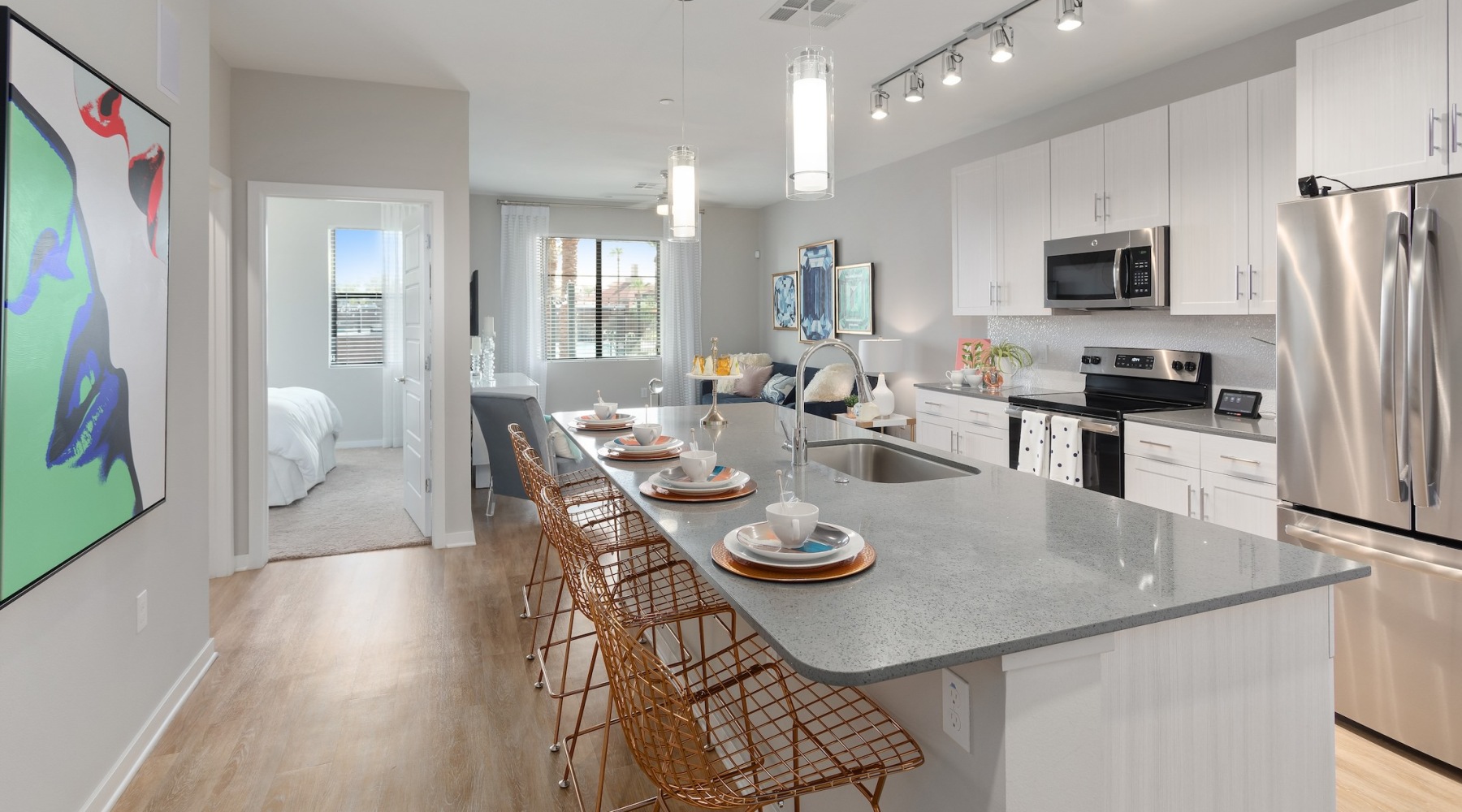 Spacious kitchens with designer finishes Kitchen with island and bat style seating